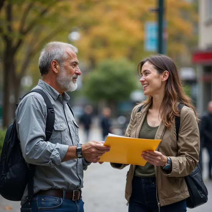 Man en vrouw geven elkaar een geel document op straat