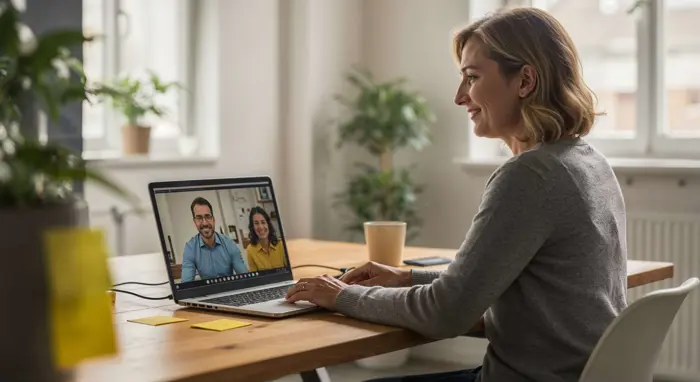 Werkende vrouw in online meeting via laptop