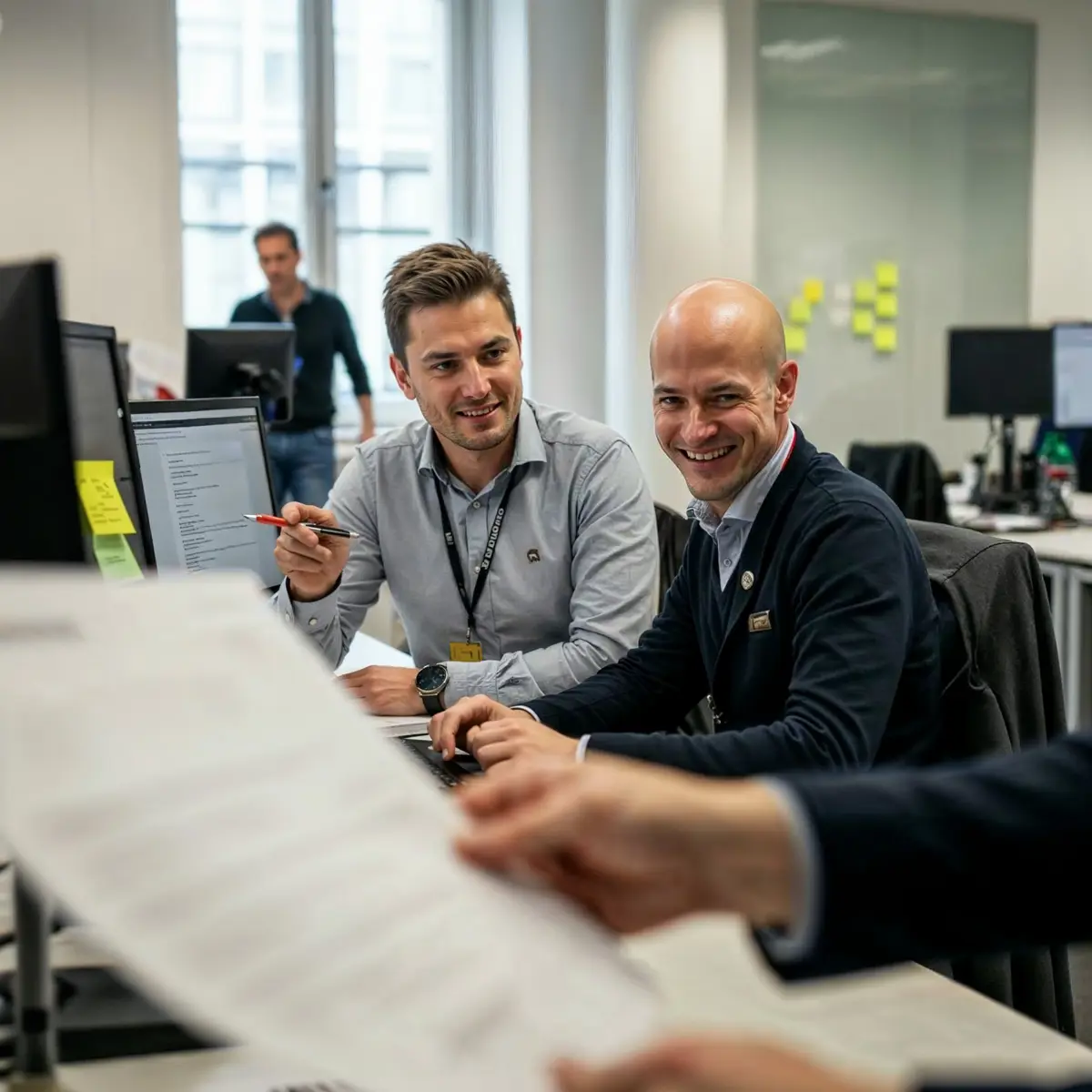 2 werkende collega's achter bureau lachen