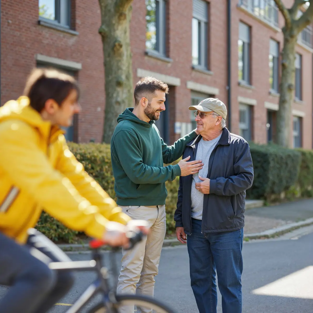 Jonge man begroet oude man op straat