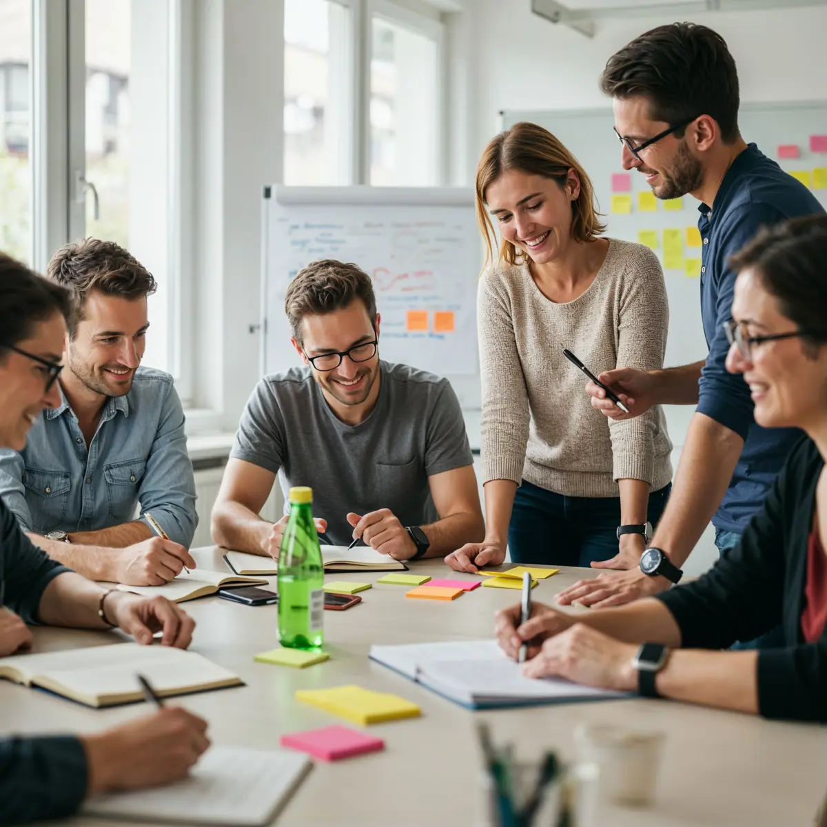 Groep collega's in vergadering met post-its