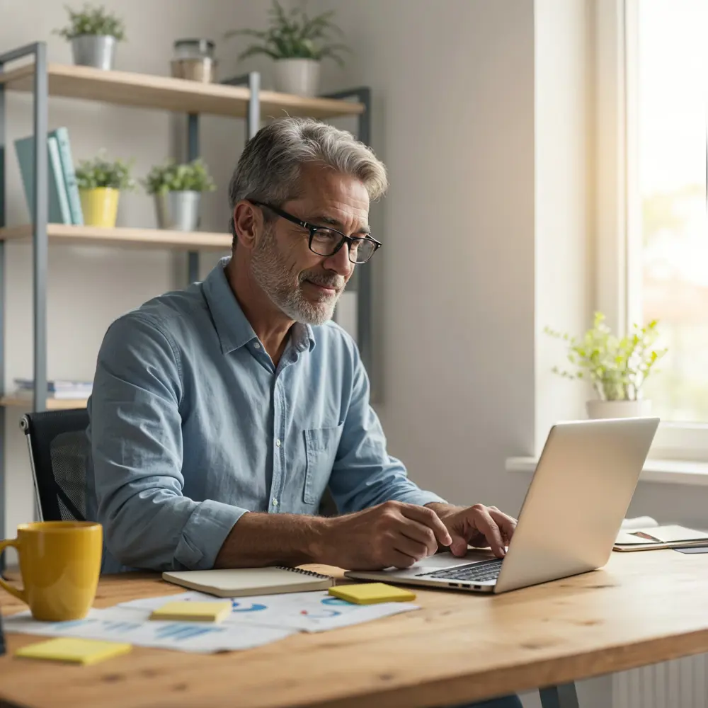 Werkende man achter laptop